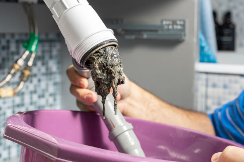 Mound of hair coming out of a pipe as a plumber removes the clogged hair - Boyd Plumbing