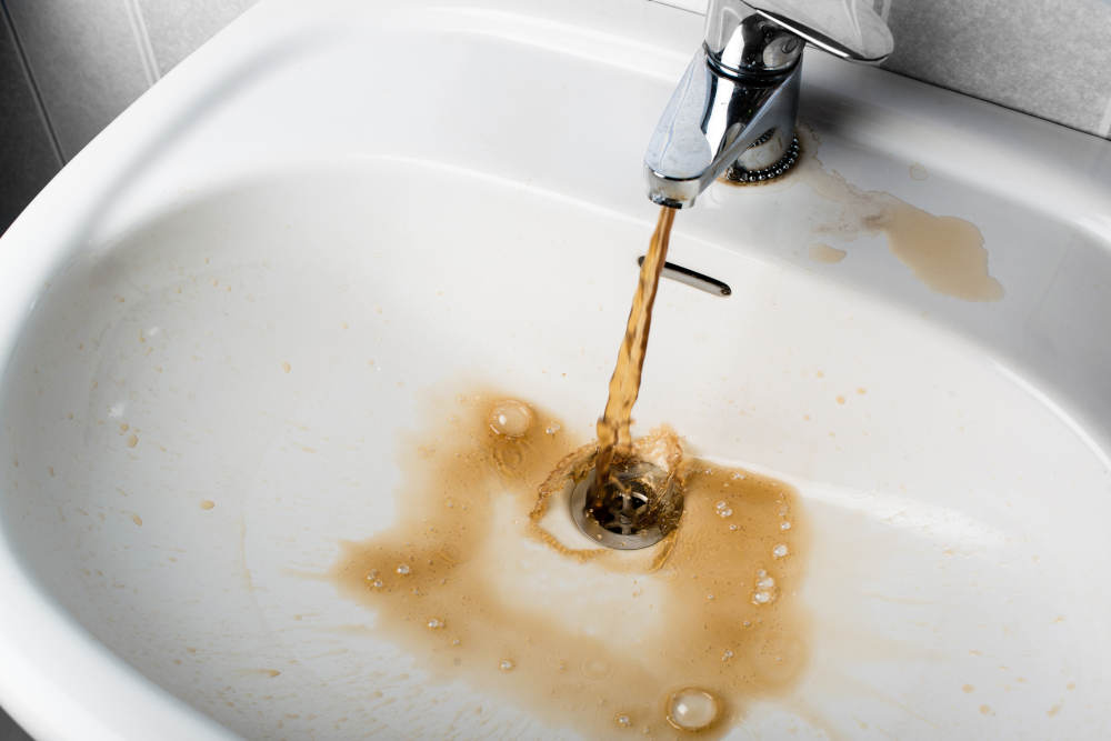 Dirty brown water flowing out of a faucet into a white sink - Boyd Plumbing